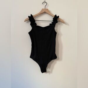 Black ribbed knit ruffle sleeve tank bodysuit small cute coquette boho festival